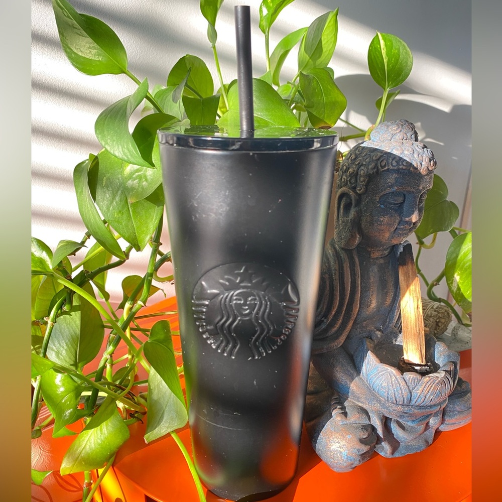 STARBUCKS METAL BLACK TUMBLER w/ STRAW